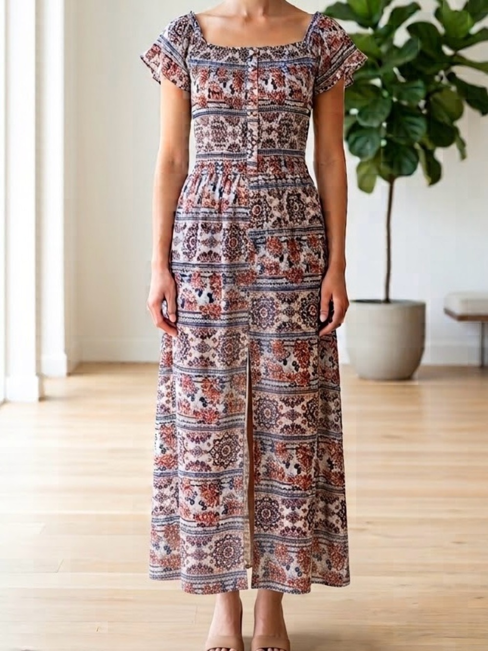 Rue21 Smocked Boho Floral Split Front Maxi Dress Romper Playsuit Skort Sz L EUC